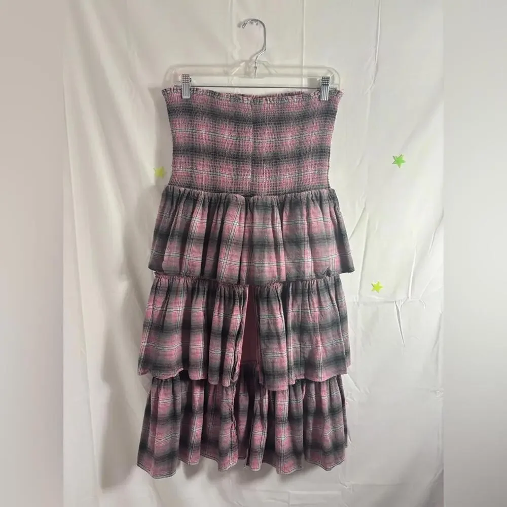 Revolve LIKELY Grey Pink Plaid Ruched Tiered 90’s Babydoll Grunge Midi Skirt M/L